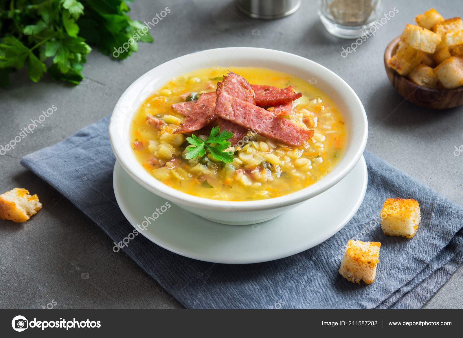 Split Pea Soup Smoked Ham Croutons Grey Background Healthy Homemade