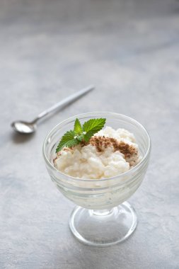 Tarçın ile sütlaç. Sağlıklı geleneksel ev yapımı tatlı veya kahvaltı - Sütlaç, kopya alanı.