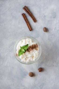 Tarçın ve Hindistan cevizi ile sütlaç. Sağlıklı geleneksel ev yapımı tatlı veya kahvaltı - Sütlaç, kopya alanı.