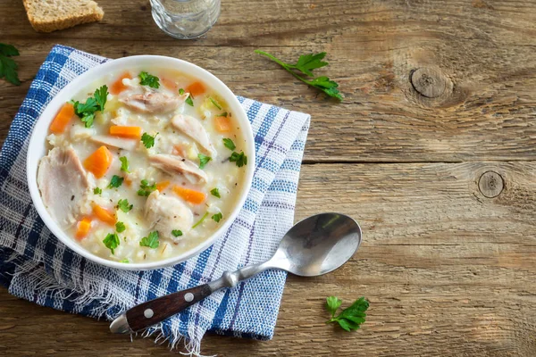 Soupe Poulet Riz Sauvage Soupe Crémeuse Fraîche Maison Avec Poulet — Photo