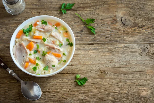 Soupe Poulet Riz Sauvage Soupe Crémeuse Fraîche Maison Avec Poulet — Photo