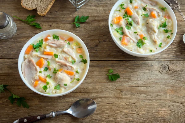 Chicken Wild Rice Soup Homemade Fresh Creamy Soup Chicken Vegetables — Stock Photo, Image