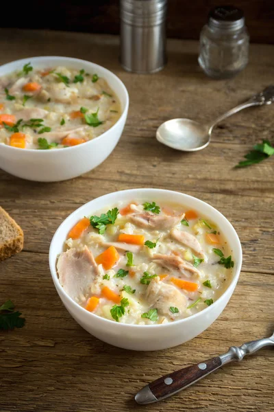 Chicken Wild Rice Soup Homemade Fresh Creamy Soup Chicken Vegetables — Stock Photo, Image