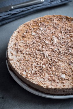 Çikolatalı cheesecake gri beton zemin üzerine mascarpone peyniri ile. Kopya alanı ile ev yapımı çikolata peynir pasta.