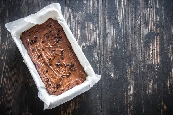 Brownie Maison Base Pâte Crue Gâteau Chocolat Dans Moule Pâtisserie — Photo