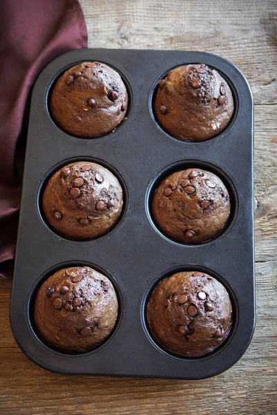 Chocolate Muffins with Chocolate Drops. Homemade chocolate pastry for breakfast or dessert.