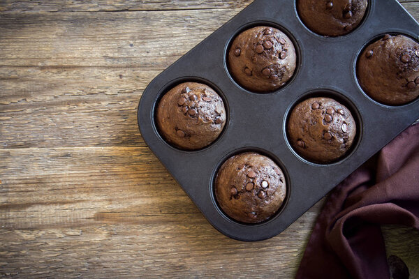 Chocolate Muffins with Chocolate Drops. Homemade chocolate pastry for breakfast or dessert.