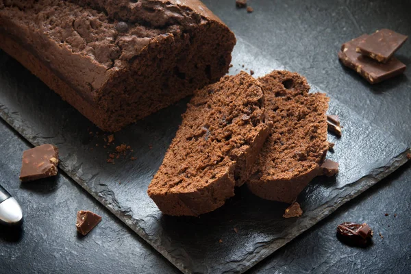 Chocolate Pound Cake with Chocolate Drops. Homemade chocolate pastry for breakfast or dessert.