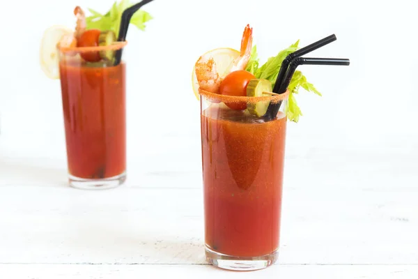 Bloody Mary Cocktail Glasses Garnishes Tomato Bloody Mary Spicy Drink — Stock Photo, Image