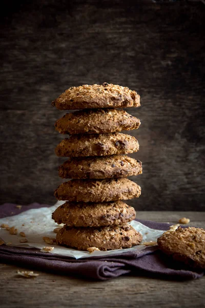 Biscuiți Ovăz Casă Semințe Lin Susan Masă Lemn Rustic Închis — Fotografie, imagine de stoc