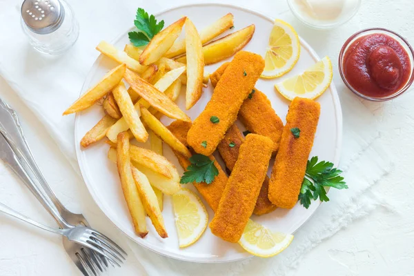 Palitos Pescado Frito Con Papas Fritas Dedos Pescado Palitos Pescado — Foto de Stock