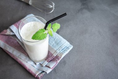 Taze, sade ev yapımı yoğurt (yoğurt, yoğurt, kefir, ayran, lassi) ve gri arka planda bitkiler, kopyalama alanı. Probiyotik soğuk mayalanmış süt içeceği..