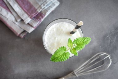 Taze, sade ev yapımı yoğurt (yoğurt, yoğurt, kefir, ayran, lassi) ve gri arka planda bitkiler, kopyalama alanı. Probiyotik soğuk mayalanmış süt içeceği..