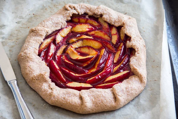 Plum Galette Torta Frutta Integrale Fatta Casa Sana Galette Con — Foto Stock