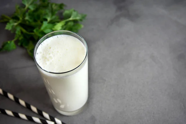Verse Platte Zelfgemaakte Yoghurt Yoghurt Yoghurt Kefir Ayran Lassi Glas — Stockfoto