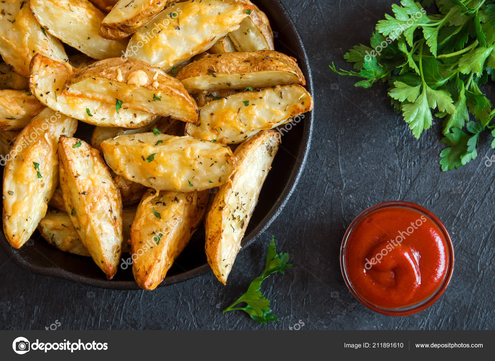 Baked Potato Wedges Cheese Herbs Tomato Sauce Black Background Homemade Stock Photo Image By C Mizina