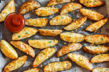 Patates dilimleri ile baharat ve otlar fırın tepsisindeki - pişmiş ev yapımı organik sebze vegan vejetaryen meze yemek yemek