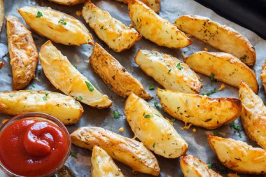 Patates dilimleri ile baharat, peynir ve fırın tepsisi ve Domates ketçap - otlar pişmiş ev yapımı organik sebze vegan vejetaryen snack gıda.
