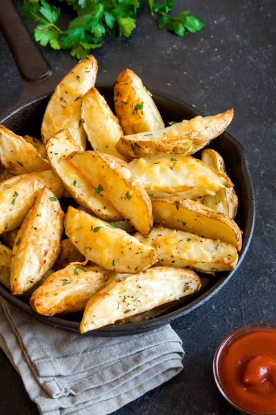 Patates dilimleri peynir ve ot ve siyah arka plan - üzerine domates sosu ile pişmiş ev yapımı organik sebze vegan vejetaryen patates dilimleri Aperatif yiyecek.