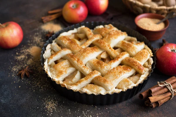 Torte Mele Fatte Casa Sfondo Rustico Classico Dessert Autunnale Del — Foto Stock