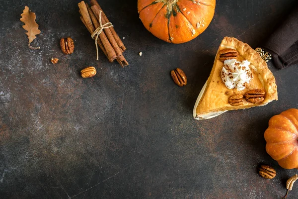 Pumpkin Pie Whipped Cream Pecan Nut Cinnamon Rustic Background Top — Stock Photo, Image