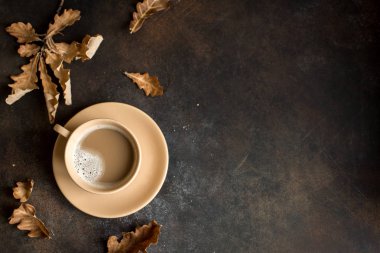 Fincan kakao ve sonbahar rustik kahverengi zemin, üstten görünüm bırakır. Mevsimlik rahat sonbahar sıcak içecek, kavram sakin ol.