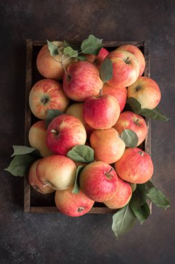 Ahşap kutusunda kırmızı elma. Rustik arka plan, kopya alanı yapraklarda ile organik kırmızı elma.