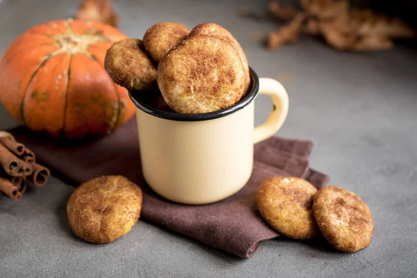 カボチャの Snickerdoodle クッキー 季節秋自家製クッキー トップ ビュー領域にコピーします 伝統的な砂漠の秋 Snickerdoodles — ストック写真