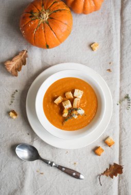 Balkabağı çorbası ve organik kabaklar, üstten görünüm. Mevsim sonbahar gıda - baharatlı balkabağı çorbası kruton ile.