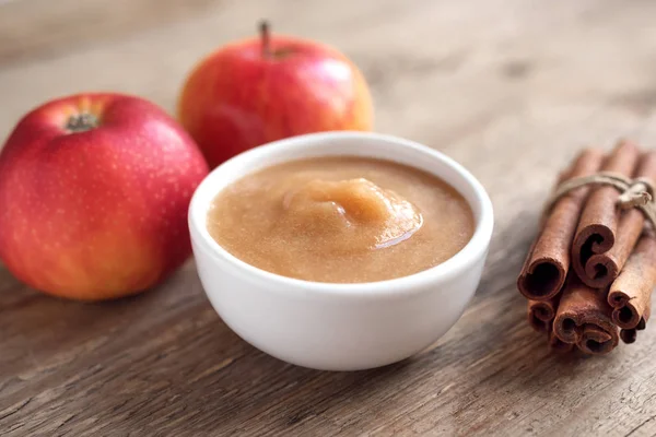 Fresh Homemade Applesauce Apple Puree Mousse Sauce Cinnamon Apples Wooden — Stock Photo, Image