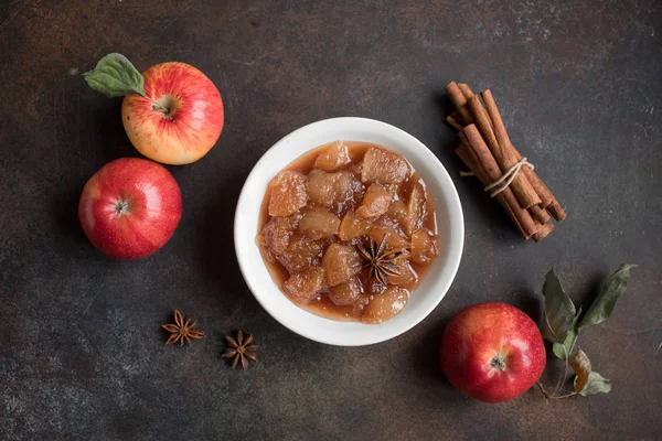 Házi Alma Lekvár Alma Chutney Val Lekvár Tagbaszakadt Mártással Fahéj — Stock Fotó