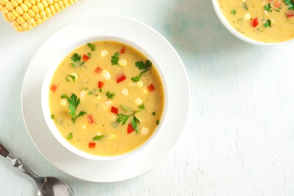 Homemade Corn Chowder Soup White Bowl Vegetarian Creamy Corn Soup — Stock Photo, Image
