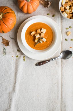 Balkabağı çorbası ve organik kabaklar, üstten görünüm. Mevsim sonbahar gıda - baharatlı balkabağı çorbası kruton ile.