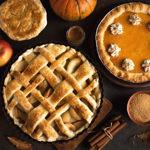 Hálaadás Pumpkin Apple Különböző Pitét Felülnézet Őszi Hagyományos Házi Apple — Stock Fotó