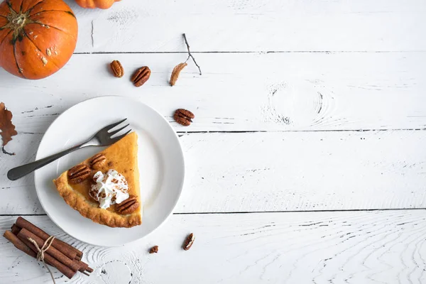 Pumpkin Pie Whipped Cream Pecan Nut Cinnamon White Wooden Background — Stock Photo, Image