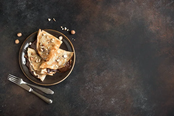 Crepes Med Choklad Och Hasselnötter Hemmagjord Tunna Crepes Till Frukost — Stockfoto