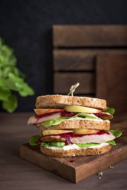 Hindi ya da tavuk artık sandviç ile doldurma ve kızılcık sosu. Taze Şükran veya Noel Türkiye yemek artıkları kepekli ekmek üzerinde yapılan.