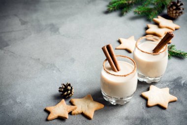 Tarçın ve Hindistan cevizi Noel ve kış için yumurta likörü tatil. Noel yumurta likörü, gingerbread çerezleri, çam kozalakları, kopya alanı ile gri beton arka plan.
