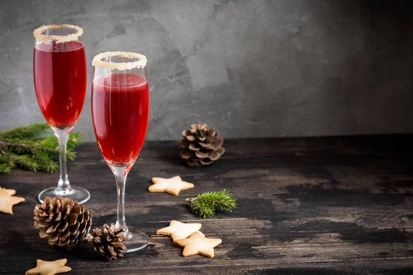 Bebida Festiva Mimosa Para Navidad Cóctel Rojo Champán Mimosa Mocktail — Foto de Stock