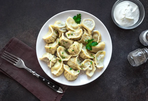 Homemade Meat Dumplings Sour Cream Rustic Table Top View Copy — Stock Photo, Image