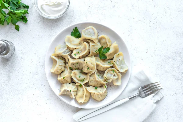 Homemade Meat Dumplings Sour Cream White Table Top View Fresh — Stock Photo, Image