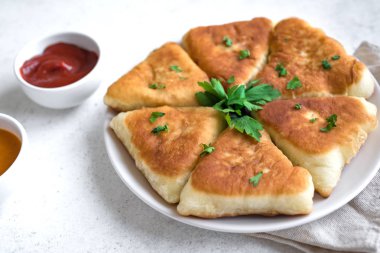 Soslar, samsa, samosas, echpochmak - geleneksel et ile derin kızarmış sebze kekler turta ya da vejetaryen kekler beyaz arka plan üzerinde dolması, yakın çekim.