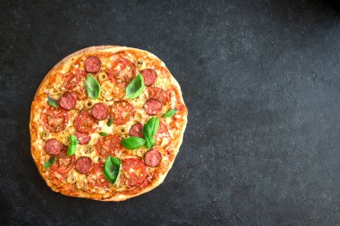 İtalyan Pizza domates, salam, yeşil zeytin, peynir ve fesleğen yaprakları, ana sayfa görünümü siyah. Taze ev yapımı Pizza, kopya alanı.