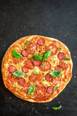 İtalyan Pizza domates, salam, yeşil zeytin, peynir ve fesleğen yaprakları, ana sayfa görünümü siyah. Taze ev yapımı Pizza, kopya alanı.