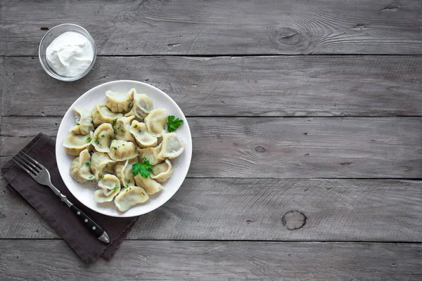 Homemade Meat Dumplings Sour Cream Rustic Wooden Table Top View — Stock Photo, Image