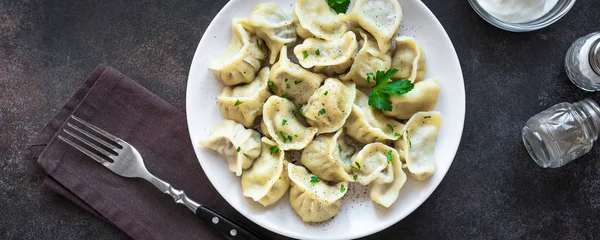 Homemade Meat Dumplings Sour Cream Rustic Wooden Table Top View — Stock Photo, Image