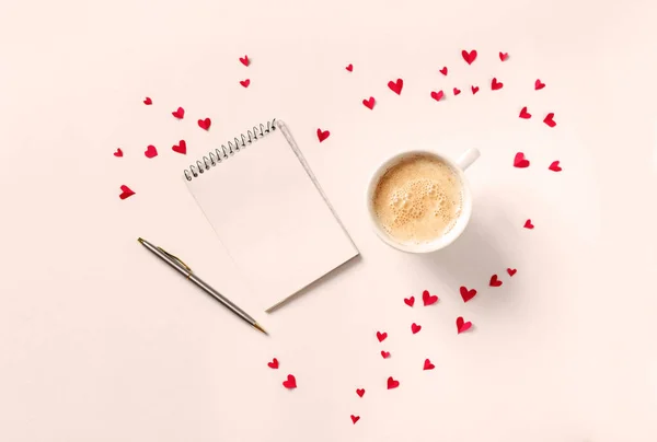 Cup Coffee Open Notebook Red Hearts Pink Beige Background Copy — Stock Photo, Image