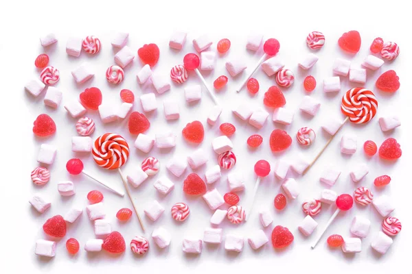 Rosa Bonbons Und Marshmallows Muster Auf Weißem Hintergrund Diverse Rosafarbene — Stockfoto