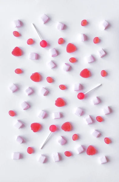 Patrón Caramelos Malvaviscos Rosados Sobre Fondo Blanco Varios Dulces Rosados — Foto de Stock