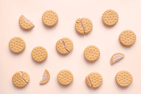 Cookies Biscuits Crackers Flat Lay Beige Background Top View — Stockfoto